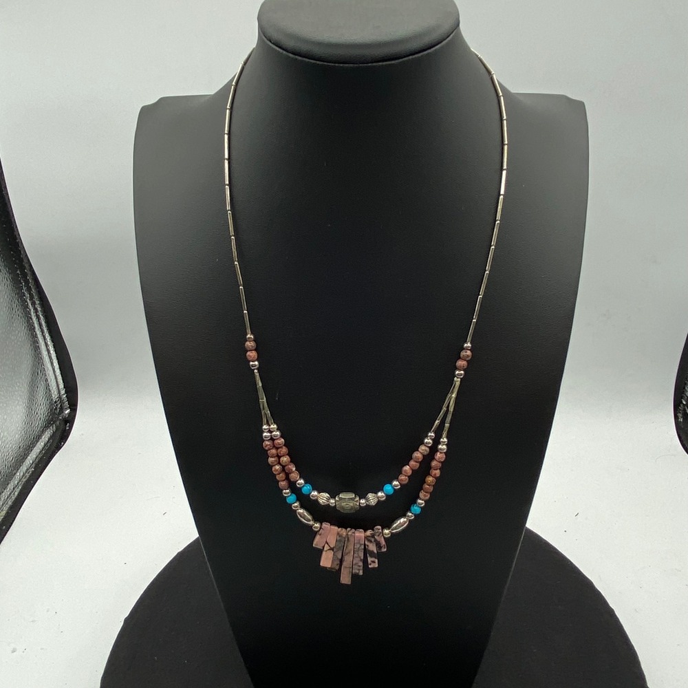 Pink Rhodonite Turquoise Southwestern 22" Layered Necklace Boho Tribal Festival